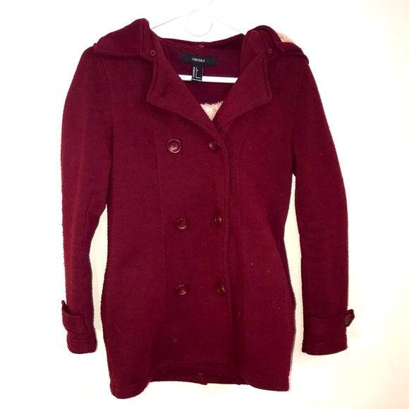 Forever 21 Jackets & Blazers - 🆕✨Forever21 Burgundy Double Button Detachable Hooded Fall Coat! Sz S!BNWOT!✨
